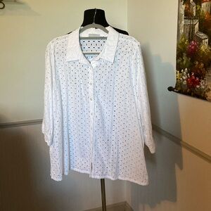 denim & company d & co. White Cotton Ovoid Eyelet Button Front Shirt Size 2X